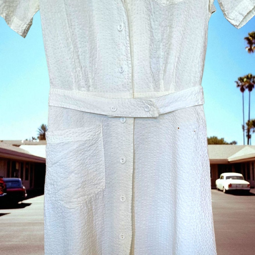 Vintage 1940s Wayne Maids White Seersucker Uniform Dress Belted Button Front 40 - Picture 11 of 16